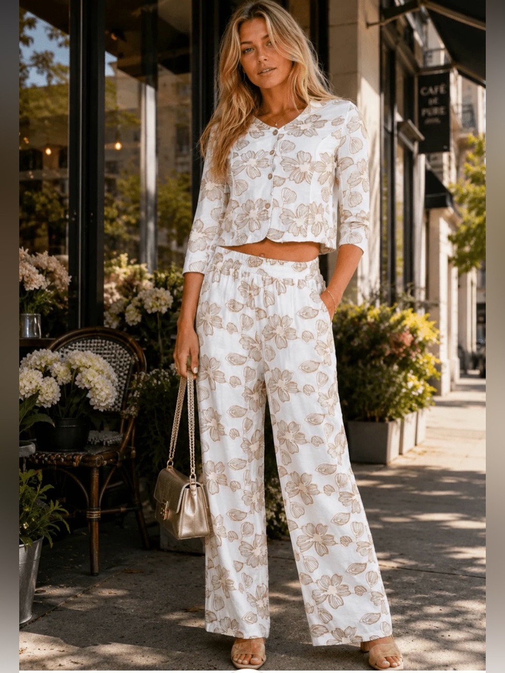 Women's Floral Stitched detail Pants & Button Top Set - Cream & Brown 2pc